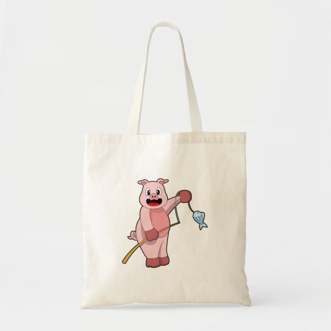 Pig at Fishing with Fishing rod & Fish Tote Bag (Front)