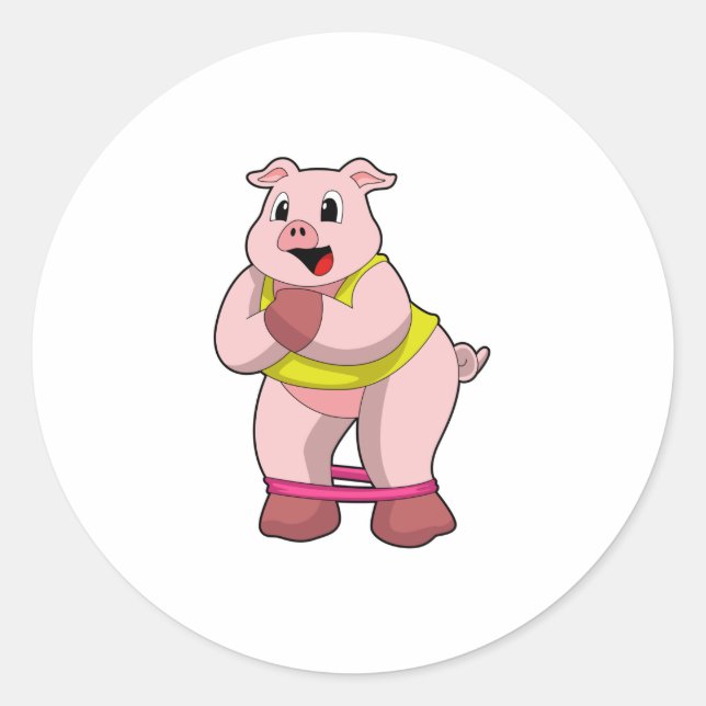 Pig at Fitness with Rubber band Classic Round Sticker (Front)