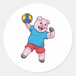 Pig at Handball Sports Classic Round Sticker