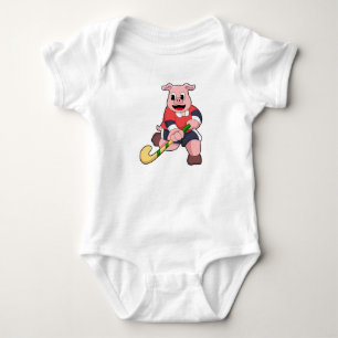 Pig at Hockey with Hockey bat Baby Bodysuit