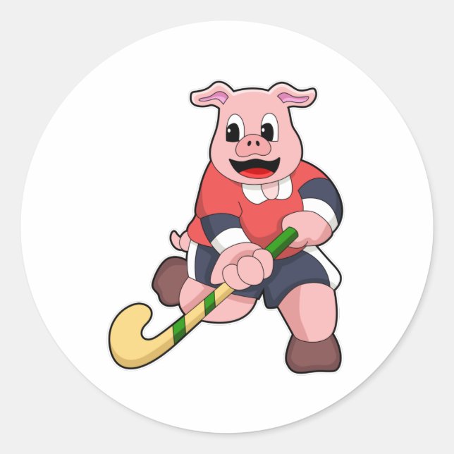 Pig at Hockey with Hockey bat Classic Round Sticker (Front)