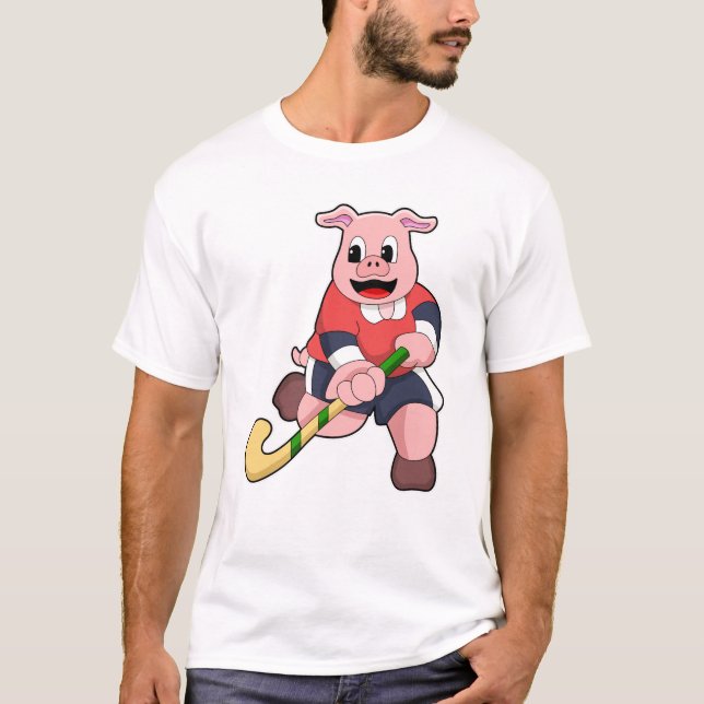 Pig at Hockey with Hockey bat T-Shirt (Front)