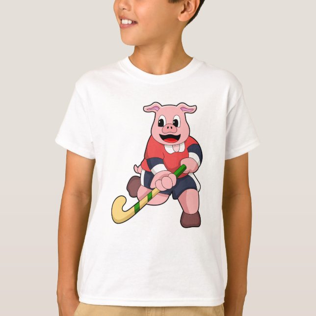 Pig at Hockey with Hockey bat T-Shirt (Front)