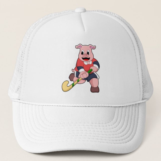 Pig at Hockey with Hockey bat Trucker Hat (Front)