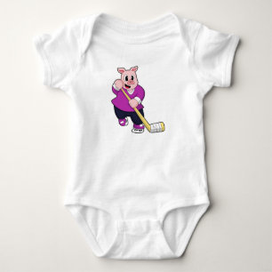 Pig at Ice hockey with Ice hockey stick Baby Bodysuit