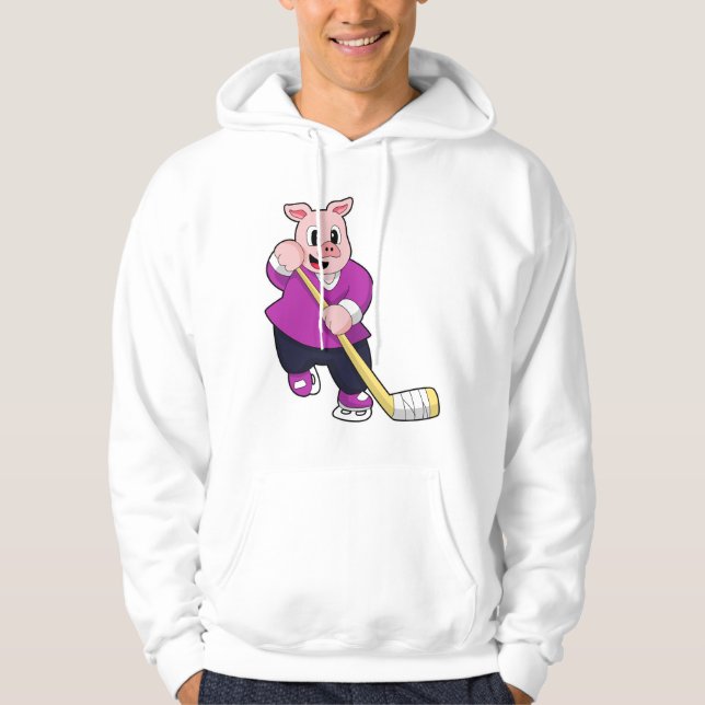 Pig at Ice hockey with Ice hockey stick Hoodie (Front)