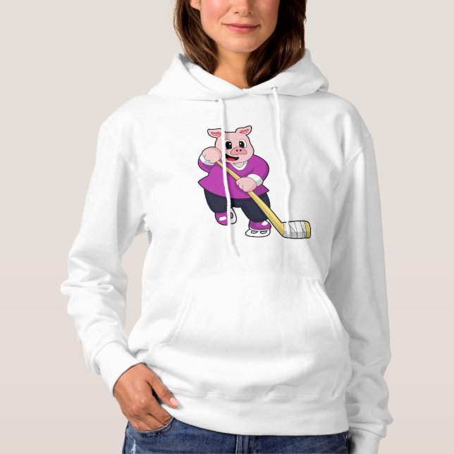 Pig at Ice hockey with Ice hockey stick Hoodie (Front)