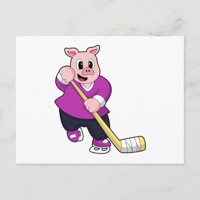 Pig at Ice hockey with Ice hockey stick Postcard (Front)