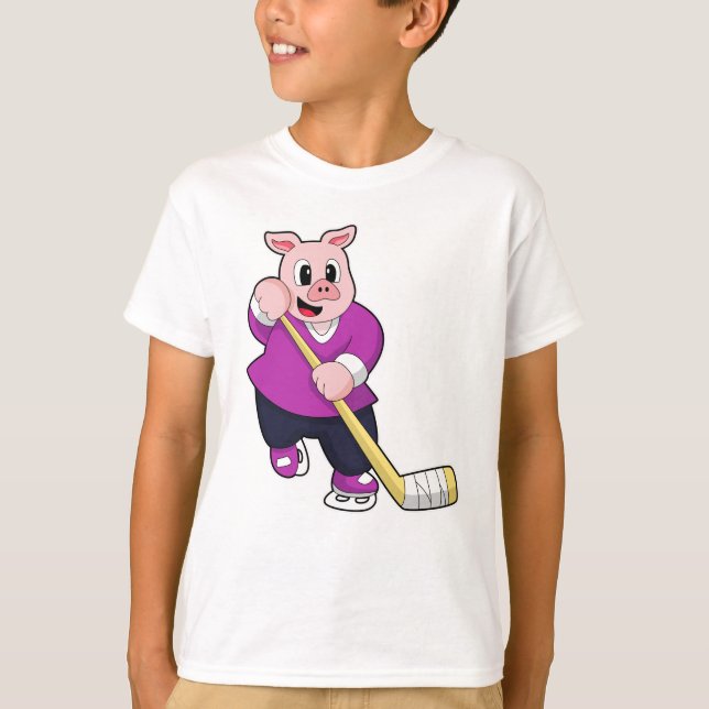 Pig at Ice hockey with Ice hockey stick T-Shirt (Front)