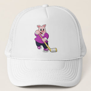 Pig at Ice hockey with Ice hockey stick Trucker Hat