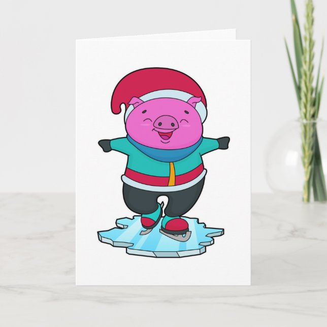 Pig at Ice skating with Ice skates & Hat Card (Front)