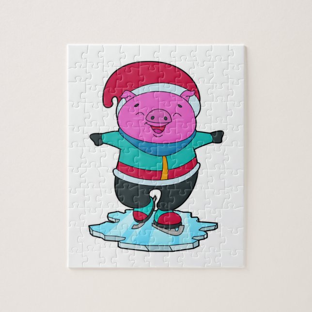 Pig at Ice skating with Ice skates & Hat Jigsaw Puzzle (Vertical)