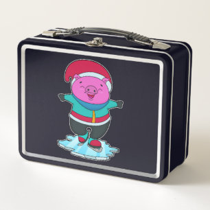 Pig at Ice skating with Ice skates & Hat Metal Lunch Box