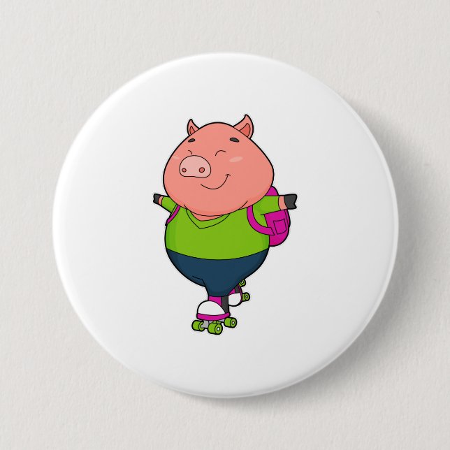 Pig at Inline skating with Roller skates 7.5 Cm Round Badge (Front)