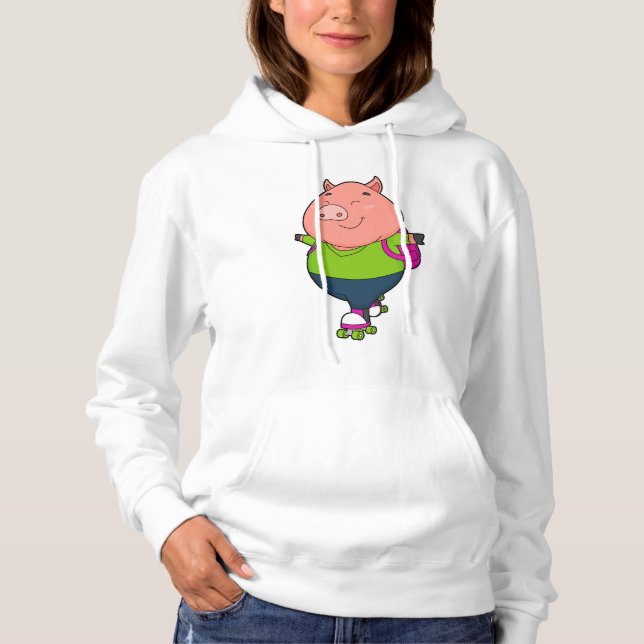 Pig at Inline skating with Roller skates Hoodie (Front)