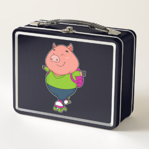 Pig at Inline skating with Roller skates Metal Lunch Box