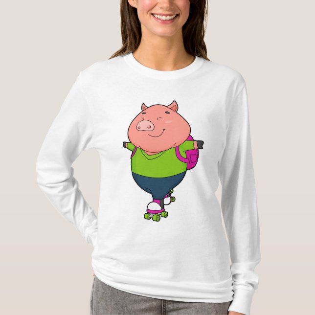 Pig at Inline skating with Roller skates T-Shirt (Front)