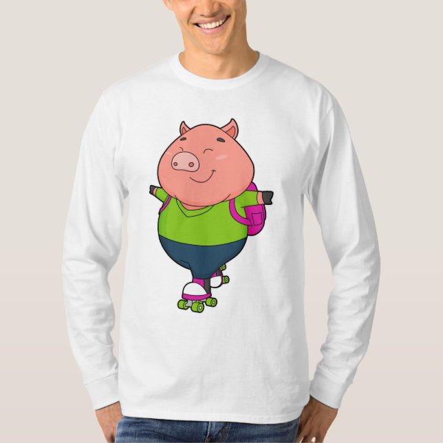 Pig at Inline skating with Roller skates T-Shirt (Front)