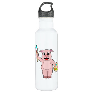 Pig at Painting with Brush & Colour 710 Ml Water Bottle