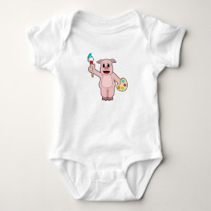 Pig at Painting with Brush & Colour Baby Bodysuit