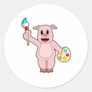 Pig at Painting with Brush & Colour Classic Round Sticker