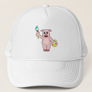 Pig at Painting with Brush & Colour Trucker Hat