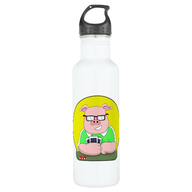 Pig at Poker with Cards 710 Ml Water Bottle (Front)