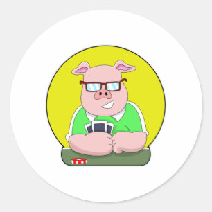 Pig at Poker with Cards Classic Round Sticker