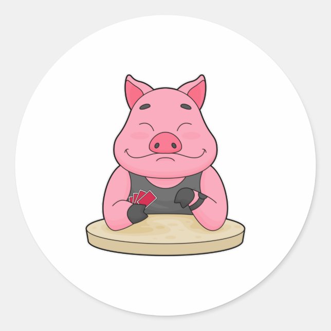 Pig at Poker with Poker cards Classic Round Sticker (Front)