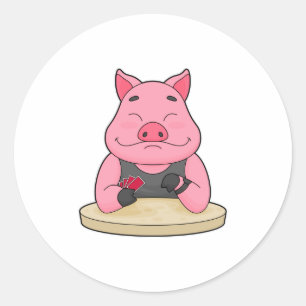 Pig at Poker with Poker cards Classic Round Sticker