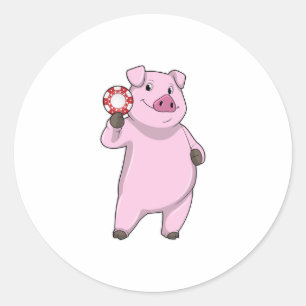 Pig at Poker with Poker chips Classic Round Sticker
