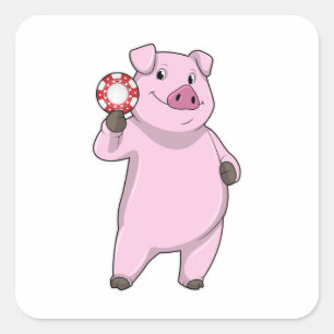Pig at Poker with Poker chips Square Sticker