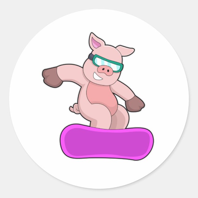 Pig at Snowboard Sports & Ski goggles Classic Round Sticker (Front)
