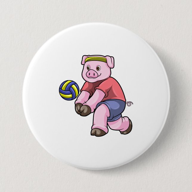 Pig at Sports with Volleyball 7.5 Cm Round Badge (Front)