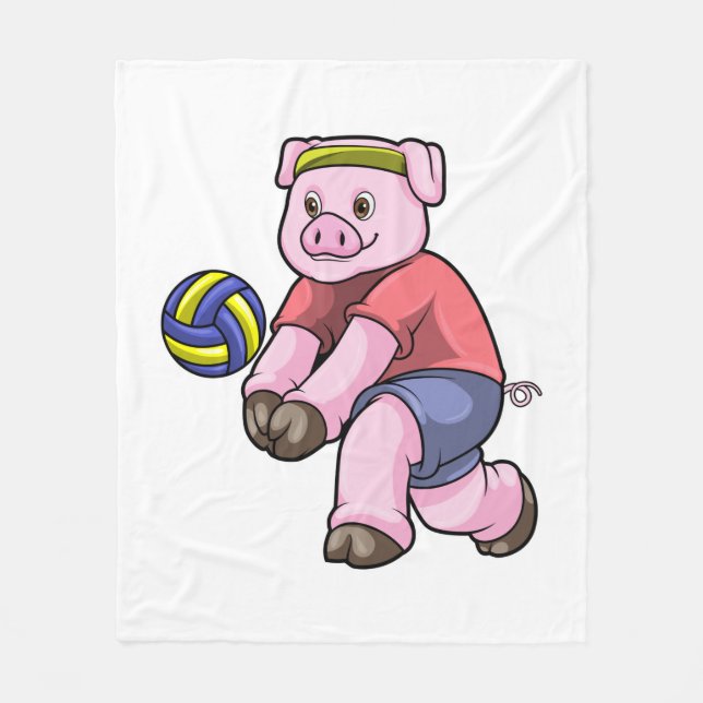 Pig at Sports with Volleyball Fleece Blanket (Front)