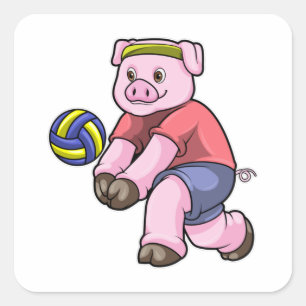Pig at Sports with Volleyball Square Sticker