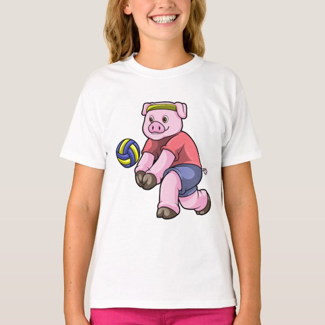 Pig at Sports with Volleyball T-Shirt (Front)