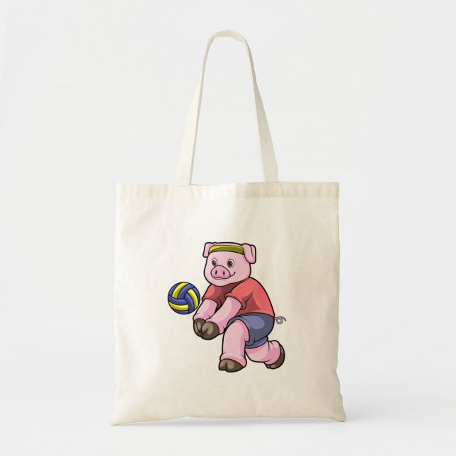 Pig at Sports with Volleyball Tote Bag (Front)