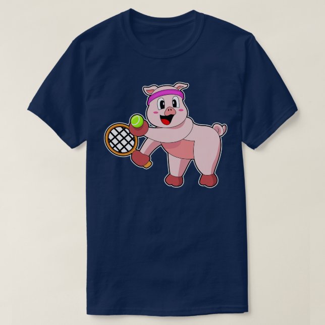 Pig at Tennis with Tennis racket T-Shirt (Design Front)