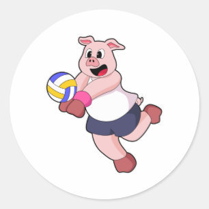 Pig at Volleyball Sports Classic Round Sticker