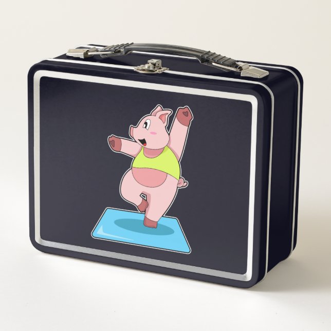 Pig at Yoga Fitness Metal Lunch Box (Front)