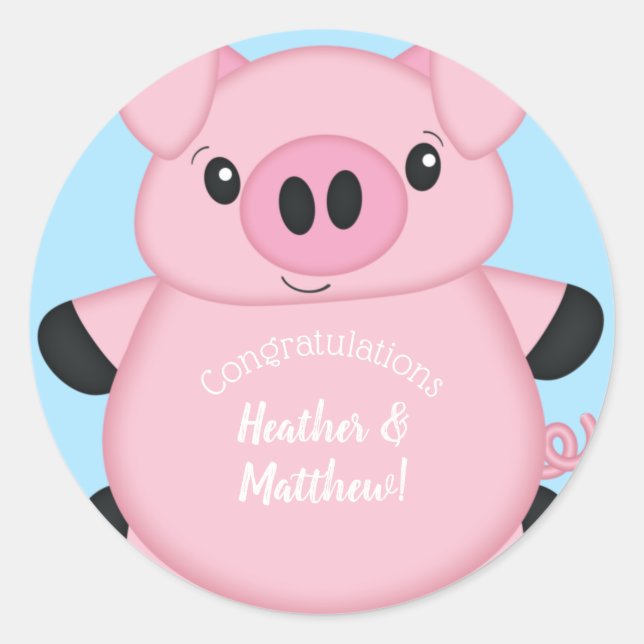 Pig Baby Shower Farm Blue Boy Classic Round Sticker (Front)
