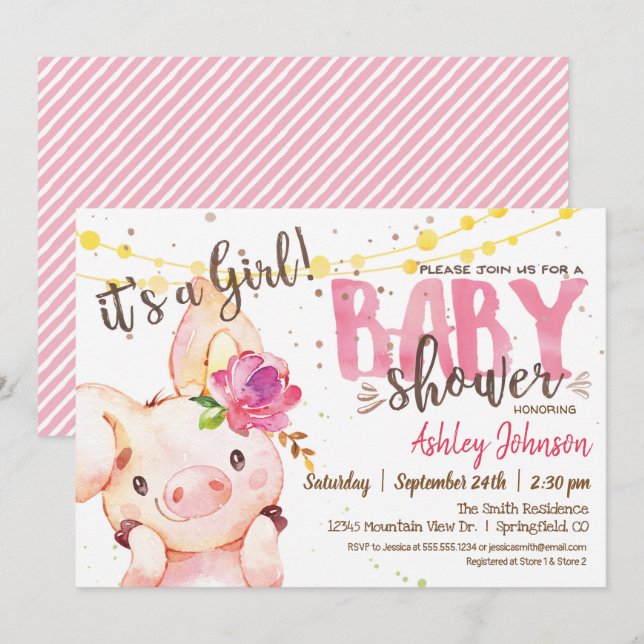 Pig Baby Shower invitation, Girl Farm Invitation (Front/Back)