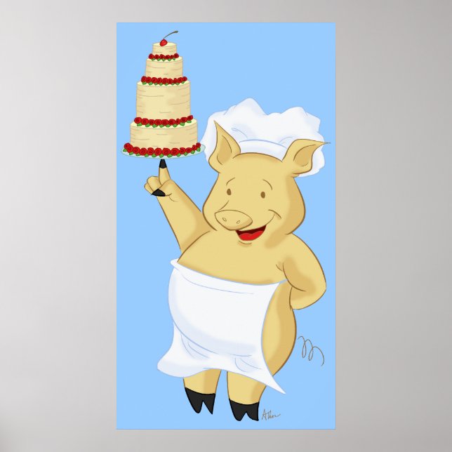 Pig Baker Holding Cake Poster Print (Front)