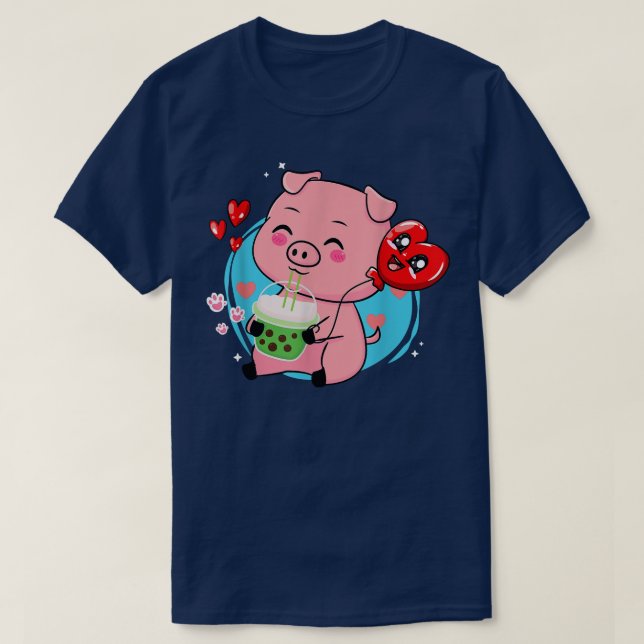 Pig Boba Tea Bubble Tea Kawaii Anime Japanese Neko T-Shirt (Design Front)