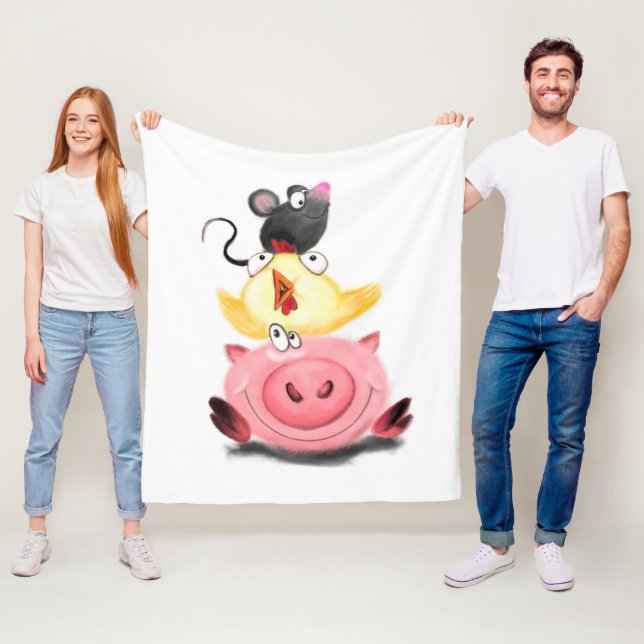 Pig Chicken and Mouse Friends Funny Fleece Blanket (In Situ)
