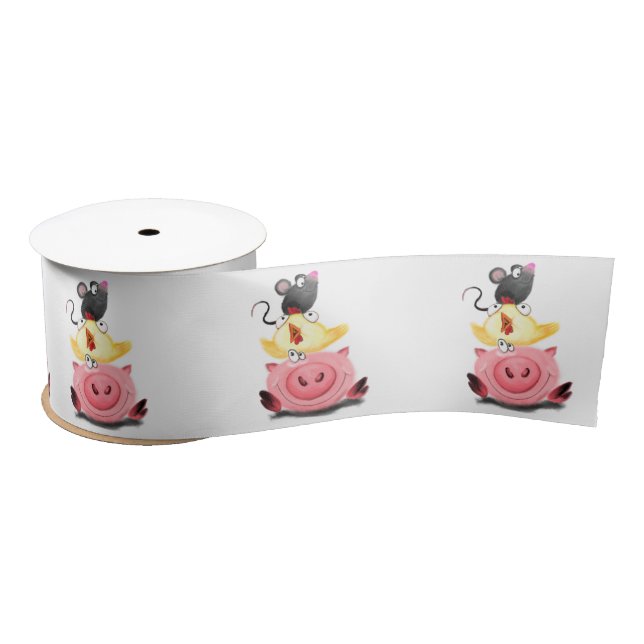 Pig Chicken and Mouse Friends Funny Ribbon Satin Ribbon (Spool)