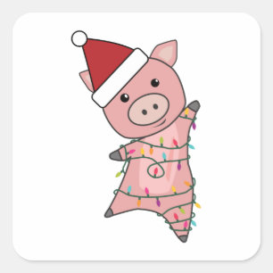 Pig Christmas Fairy Lights Cute Animals Kids... Square Sticker