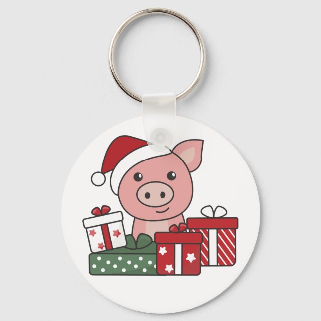 Pig Christmas Gift Winter Animals Pigs Keychain (Front)