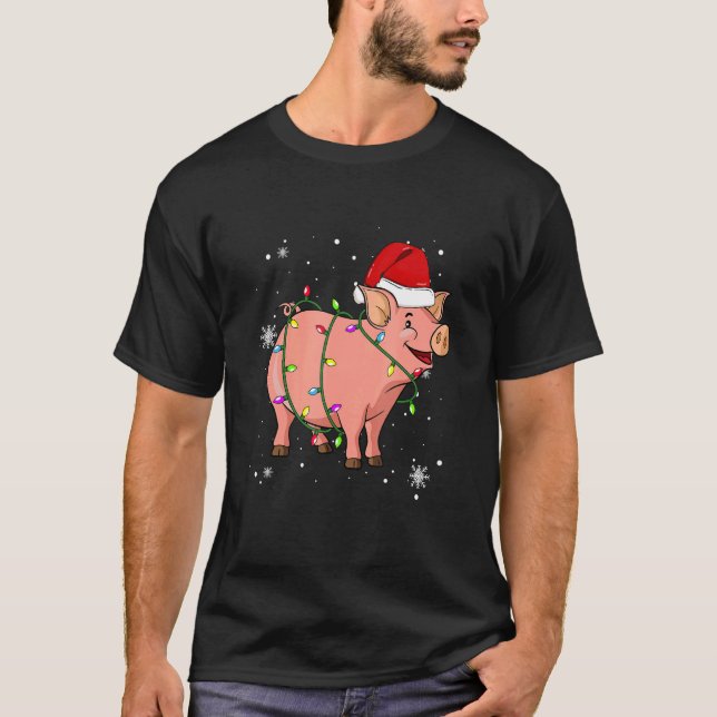 Pig Christmas Lights Led   Santa Hat Christmas   T-Shirt (Front)